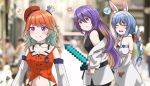  3girls absurdres anger_vein angry animal_ear_fluff animal_ears black_gloves blue_hair blurry blurry_background bow breasts carrot catfight chef_hat clenched_hand closed_eyes crazy_eyes detached_sleeves diamond_sword distracted_boyfriend_(meme) eyebrows_behind_hair food-themed_hair_ornament gloves gradient_hair green_hair hair_bow hair_ornament hat highres holding holding_sword holding_weapon hololive hololive_english hololive_indonesia jan_azure looking_back medium_breasts meme minecraft minecraft_sword moona_hoshinova multicolored_hair multiple_girls musical_note navel open_mouth orange_hair photo_background purple_eyes purple_hair rabbit_ears rabbit_girl short_eyebrows spoken_anger_vein spoken_musical_note spoken_sweatdrop sweatdrop sword takanashi_kiara usada_pekora virtual_youtuber weapon white_bow white_hair 