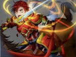  1boy armor cain_(fire_emblem:_shadow_dragon) fire_emblem fire_emblem:_shadow_dragon fire_emblem_heroes holding holding_sword holding_weapon horseback_riding incoming_attack open_mouth red_eyes red_hair riding short_hair sword tankei_fm upper_body weapon 