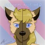  2022 absurd_res anthro blonde_hair brown_body brown_fur brown_markings canid canine canis cheek_tuft chin_tuft crossgender digital_drawing_(artwork) digital_media_(artwork) domestic_dog english_text eyelashes facial_tuft female frown fur german_shepherd girly hair herding_dog hi_res hybrid jackson_(zer0rebel4) lgbt_pride long_hair looking_at_viewer male mammal manly markings multicolored_hair pastoral_dog portrait prick_ears pride_color_background pride_colors purple_eyes shaded short_hair simple_background split_form split_screen tan_body tan_fur text trans_(lore) trans_man_(lore) transgender_pride_colors transition tuft two_tone_hair wolf zer0rebel4 