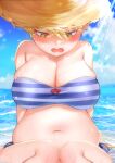  1girl arms_behind_back bare_shoulders beach belly bikini blonde_hair breasts check_commentary cleavage cloud cloudy_sky collarbone commentary_request curvy day fat hat highres large_breasts navel ocean open_mouth original outdoors partial_commentary plump sky solo stomach striped striped_bikini sun_hat sunlight swimsuit terano_haruma yellow_eyes 