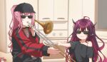  :3 absurdres baseball_cap commentary english_commentary hakos_baelz hat highres hololive hololive_english horns instrument irys_(hololive) jan_azure meme mori_calliope pink_hair pointy_ears ponytail purple_hair red_hair sunglasses trombone upper_body virtual_youtuber when_mama_isn&#039;t_home when_you_see_it younger 