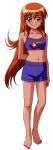  1990s_(style) 1girl akai_homura arm_behind_back bangs barefoot blue_swimsuit blush eyebrows_visible_through_hair full_body green_eyes grin highres kokura_masashi long_hair looking_at_viewer navel non-web_source official_art orange_hair rainbow_print retro_artstyle simple_background smile solo standing star_(symbol) star_print swimsuit tokimeki_memorial tokimeki_memorial_2 white_background 