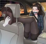  1girl absurdres bdsm black_hair black_legwear bondage bound car_seat crotch_seam crying crying_with_eyes_open earrings executive_mishiro feet foot_tickling forehead gag gagged green_eyes haimei1980 highres idolmaster idolmaster_cinderella_girls improvised_gag jewelry makeup mature_female no_shoes office_lady panties pantyhose restrained soles tape tape_gag tears tickle_torture tickling toes underwear 