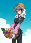  1girl ayanami_rei basket bell_pepper blue_hair blue_sky brown_headwear cabbage carrot closed_mouth cloud cucumber dated eggplant eyebrows_visible_through_hair food fruit gloves hair_between_eyes hat highres holding holding_basket kinuko_(kinucakes) neon_genesis_evangelion outdoors pepper plugsuit red_eyes signature sky solo standing straw_hat watermelon white_gloves 