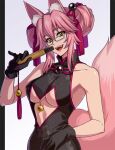  1girl animal_ear_fluff animal_ears bangs bow breasts cleavage commentary_request fate/grand_order fate_(series) fox_ears fox_girl fox_tail glasses gloves hair_between_eyes koyanskaya_(fate) large_breasts long_hair looking_at_viewer open_mouth pink_hair sidelocks smile solo tail tamamo_(fate) yellow_eyes zanshi 