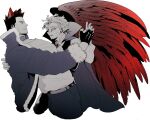  2boys 2elu2 alternate_universe animal_collar animal_ears ascot beard belt blue_eyes boku_no_hero_academia brooch cape collar couple cropped_legs dancing ear_piercing earrings endeavor_(boku_no_hero_academia) facial_hair facial_mark fangs feathered_wings fingerless_gloves fur-trimmed_jacket fur_trim gloves goatee hawks_(boku_no_hero_academia) height_difference high_collar highres jacket jewelry large_pectorals limited_palette male_focus mature_male multiple_boys multiple_piercings muscular muscular_male mustache pectorals piercing red_eyes red_feathers red_hair scar scar_on_face scar_on_neck short_hair sideburns spiked_hair spot_color stubble stud_earrings therianthrope vampire vest white_background wings yaoi 