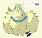  3_toes 5_fingers 8762e13 anthro belly blue_eyes clothing dialogue dinosaur feet female fingers goodbye_volcano_high green_hair hair hi_res huge_tail looking_at_viewer navel overweight paws reptile scalie simple_background slightly_chubby solo standing stella_(gvh) thick_thighs toes wide_hips 