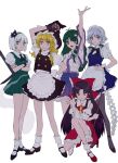  1990s_(style) 5girls aihara-rina apron arm_up ascot bangs bishoujo_senshi_sailor_moon black_footwear black_gloves blonde_hair blue_eyes blue_skirt blush bob_cut bow braid bright_pupils brown_hair buttons closed_mouth crossover detached_sleeves fingerless_gloves fingernails frilled_apron frilled_hair_tubes frills frog_hair_ornament full_body gloves gohei green_eyes green_hair green_skirt green_vest hair_bow hair_ornament hair_tubes hakurei_reimu hand_on_hip hat highres holding holding_stick izayoi_sakuya kirisame_marisa knees kochiya_sanae konpaku_youmu maid maid_apron maid_headdress mary_janes mini-hakkero multiple_girls nontraditional_miko open_mouth print_skirt puffy_short_sleeves puffy_sleeves red_bow retro_artstyle ribbon-trimmed_sleeves ribbon_trim scene_reference shirt shoes short_sleeves sidelocks silver_hair single_braid skirt snake_hair_ornament socks squatting standing stick touhou vest white_apron white_legwear white_pupils white_shirt wide_sleeves witch_hat yellow_ascot yellow_eyes 