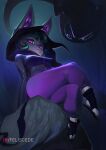  breasts clothed clothing crossed_legs feliscede female green_hair hair hi_res hoodie league_of_legends looking_at_viewer looking_down low-angle_view riot_games sitting topwear vex_(lol) video_games 