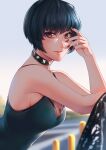  absurdres bangs bare_shoulders blue_dress blue_hair blue_sky blueriest blunt_bangs breasts brown_eyes choker cleavage dress grass highres jewelry large_breasts leaning_on_object necklace outdoors persona persona_5 road short_hair sky spiked_choker spikes takemi_tae 