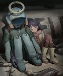  1girl absurdres baseball boots brown_footwear brown_jacket canti closed_mouth commentary flcl full_body highres jacket long_hair mechanical_halo ninamori_eri pants pink_scarf purple_eyes purple_hair red_pants red_shirt robot scarf shirt sitting solo subfiction 