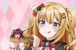  2girls :q absurdres ahoge akai_haato blonde_hair blush bow commentary english_commentary food hair_ornament heart heart_hair_ornament heterochromia highres holding holding_food hololive hololive_english horns irys_(hololive) jan_azure licking_lips long_hair minigirl multiple_girls purple_eyes red_bow sandwich smile surprised tongue tongue_out two_side_up virtual_youtuber you_gonna_get_eaten 