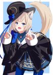 1girl :d animal_ears black_headwear black_jacket blonde_hair blue_background blue_bow blue_eyes blue_skirt border bow cat_ears cat_girl cat_tail detached_sleeves eyebrows_visible_through_hair fang fukurou_(hukurou) highres jacket leaning_forward looking_at_viewer open_mouth prism_project skin_fang skirt sleeveless sleeveless_jacket smile solo tail tokimori_aoi virtual_youtuber white_border 