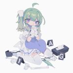  1girl :o ahoge apron back_bow bangs blood blue_apron blue_eyes blunt_bangs blush_stickers bow collar cuts daizu_(melon-lemon) detached_ahoge electric_screwdriver eyes_visible_through_hair film_grain from_side full_body furrowed_brow gloves gradient_eyes green_hair grey_background hair_between_eyes hair_intakes hands_up heart heart_in_eye injury long_hair looking_at_viewer looking_to_the_side miniskirt multicolored_eyes muted_color no_nose nosebleed one_side_up original own_hands_clasped own_hands_together parted_lips petticoat pleated_skirt power_tool puffy_short_sleeves puffy_sleeves remote_control_vibrator self_harm sex_toy shoes short_sleeves sidelocks simple_background single_tear sitting skirt solo sweat symbol_in_eye tape tareme tearing_up thighhighs tissue tissue_box used_tissue uwabaki vibrator vibrator_in_thighhighs vibrator_under_clothes waist_apron wariza white_bow white_footwear white_gloves white_legwear white_skirt zettai_ryouiki 
