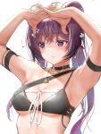  1girl animal_ears arknights arm_strap armpits arms_up bare_shoulders bikini black_bikini black_choker breasts choker closed_mouth expressionless eyewear_on_head highres interlocked_fingers jewelry lin_yuhsia_(arknights) long_hair looking_away medium_breasts mouse_ears necklace ponytail purple_eyes purple_hair shading_eyes solo swimsuit upper_body yukinoshiro 