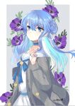  1girl bangs blue_bow blue_choker blue_eyes blue_hair blue_nails bow cardigan choker commentary_request eyebrows_visible_through_hair floral_background flower grey_background grey_cardigan hair_between_eyes hair_bun hand_up hololive hoshimachi_suisei long_hair long_sleeves looking_at_viewer lunacats multicolored_hair nail_polish open_cardigan open_clothes pleated_skirt purple_flower sailor_collar school_uniform serafuku shirt side_bun skirt solo star_(symbol) star_in_eye symbol_in_eye twitter_username two-tone_background two-tone_hair unmoving_pattern virtual_youtuber white_background white_sailor_collar white_serafuku white_shirt white_skirt 