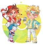  2boys battle_tendency blonde_hair blue_eyes brown_hair caesar_anthonio_zeppeli chibi commentary_request crossover denim green_eyes headband holding holding_poke_ball homil22 jacket jeans jojo_no_kimyou_na_bouken joseph_joestar joseph_joestar_(young) korean_commentary leg_warmers male_focus multiple_boys one_eye_closed pants pikachu poke_ball poke_ball_(basic) poke_ball_print pokemon ribbed_sweater ribbon shoes sneakers sweater torn_clothes torn_jeans torn_pants turtleneck 