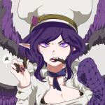  1girl bangs black_wings breasts chef_hat chef_uniform choker cleavage cookie eyebrows_visible_through_hair fang food food_in_mouth hand_up hands_up hat highres hiyari_(hiyarilol) large_breasts league_of_legends long_hair long_sleeves looking_at_viewer mittens morgana_(league_of_legends) mouth_hold pink_eyes portrait purple_hair purple_lips purple_wings ribbon_choker shiny shiny_hair sinful_succulence_morgana solo squiggle teeth wings 