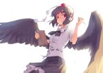  1girl bird_wings black_hair black_legwear black_wings hat highres looking_at_viewer notebook pantyhose pen pom_pom_(clothes) red_eyes shameimaru_aya shirt stank tokin_hat touhou white_shirt wings 