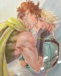  2boys battle_tendency blonde_hair blue_eyes blue_jacket brown_hair caesar_anthonio_zeppeli facial_mark feather_hair_ornament feathers fingerless_gloves gloves green_eyes green_scarf hair_ornament hand_on_another&#039;s_cheek hand_on_another&#039;s_face headband homil22 imminent_kiss jacket jojo_no_kimyou_na_bouken joseph_joestar joseph_joestar_(young) male_focus midriff multiple_boys scarf striped striped_scarf 