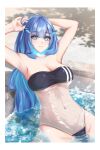  1girl absurdres ahoge bare_shoulders blue_eyes blue_fire blue_hair breasts disembodied_head drill_locks dullahan fiery_hair fire gris_swimsuit highres horns large_breasts meme_attire navel pool prism_project rikudou_yura see-through_swimsuit solo strapless strapless_swimsuit swimsuit turboflower x-shaped_pupils 