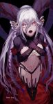  1girl absurdres covering covering_breasts fangs fate/grand_order fate_(series) highres horns long_hair mg_(ehme3725) open_mouth pink_eyes solo stomach_tattoo tattoo tiamat_(fate) very_long_hair white_hair 