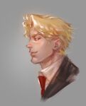  1boy birthmark blonde_hair dio_brando formal homil22 jojo_no_kimyou_na_bouken male_focus necktie phantom_blood portrait profile red_eyes smile solo suit 