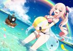  1girl absurdres arm_strap ball beachball bikini breasts cloud collarbone eyebrows_visible_through_hair fukurou_(hukurou) highres holding holding_ball hoshifuri_iku island long_hair looking_down medium_breasts ocean petals pink_bikini pink_hair pirate_ship ponytail prism_project purple_eyes rainbow scrunchie sky smile solo swimsuit very_long_hair virtual_youtuber 