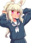  1girl :o animal_ear_fluff animal_ears arms_up bangs blonde_hair blue_sailor_collar blue_serafuku blue_shirt blue_skirt blunt_bangs blush bright_pupils choker collarbone cowboy_shot double_horizontal_stripe eyebrows_visible_through_hair flipped_hair heart heart-shaped_pupils highres long_hair long_sleeves looking_at_viewer masurao_(sekaiju) masurao_2_(sekaiju) naga_u neckerchief open_mouth pleated_skirt ponytail rabbit_ears red_choker red_eyes sailor_collar sekaiju_no_meikyuu sekaiju_no_meikyuu_5 shirt sidelocks simple_background skirt solo symbol-shaped_pupils thick_eyebrows very_long_hair white_background white_neckerchief 