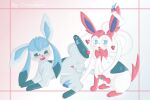  balls blush canid canine cloudeonn duo eeveelution erection feral genitals glaceon hi_res male male/male mammal nintendo open_mouth penis pok&eacute;mon pok&eacute;mon_(species) ribbons simple_background sylveon video_games 