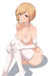  1girl absurdres aiba_yumi bare_shoulders bikini blonde_hair blush breasts brown_eyes choker collarbone elbow_gloves feet_out_of_frame gloves halterneck hands_on_own_knees highres idolmaster idolmaster_cinderella_girls knees_up looking_at_viewer medium_breasts micro_bikini open_mouth seihekiog shadow short_hair side-tie_bikini simple_background sitting skindentation solo sweatdrop swimsuit thighhighs white_background white_bikini white_choker white_gloves white_legwear 