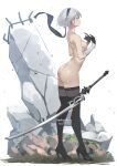  1girl ass black_gloves black_hairband boots closed_eyes closed_mouth gloves hairband high_heel_boots high_heels looking_up nier_(series) nier_automata nipples no_blindfold nude short_hair silver_hair solo standing sword sydus thigh_boots thighhighs thighhighs_under_boots weapon yorha_no._2_type_b 