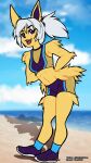  2021 absurd_res anthro athletic athletic_anthro athletic_female beach bottomwear bra clothed clothing digital_media_(artwork) eeveelution fangs female fluffy_hips footwear fur gym_bottomwear gym_clothing gym_shorts hair hi_res jolteon lean_muscle looking_at_viewer nintendo open_mouth outside pok&eacute;mon pok&eacute;mon_(species) pokemon_(anime) ponytail pose purple_eyes seaside shoes shorts signature smile solo sports_bra sportswear standing teeth_showing tongue tongue_out tuft underwear video_games white_hair widescreen yellow_body zankraken 