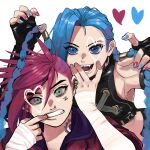  2girls arcane:_league_of_legends arcane_jinx arcane_vi asymmetrical_bangs bangs blue_eyes blue_hair blue_nails braid brown_shirt character_name claw_pose crop_top ear_piercing fangs finger_in_mouth freckles green_eyes hands_up heart highres hiyari_(hiyarilol) jacket jinx_(league_of_legends) league_of_legends long_hair looking_at_viewer mismatched_nail_polish multiple_girls nail_polish neck_tattoo nose_piercing piercing red_hair red_jacket red_nails shiny shiny_hair shirt short_hair siblings sidecut sisters tattoo teeth twin_braids vi_(league_of_legends) 