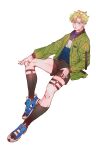  1boy alternate_costume battle_tendency blonde_hair caesar_anthonio_zeppeli contemporary earrings facial_mark green_eyes green_jacket highres homil22 jacket jewelry jojo_no_kimyou_na_bouken leg_holster male_focus nail_polish shoes shorts sneakers sock_garters solo 