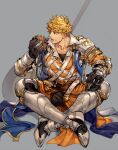  1boy armor armored_boots bara black_gloves black_pants blonde_hair boots burger eating food food_on_face gloves granblue_fantasy green_eyes highres holding holding_food indian_style large_pectorals male_focus muscular muscular_male open_mouth pants pauldrons pectorals ricemune723623 short_hair shoulder_armor single_pauldron sitting solo undercut vambraces vane_(granblue_fantasy) weapon weapon_behind_back 