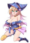  1girl blonde_hair blue_footwear blue_headwear blush_stickers breasts chipa_(arutana) cleavage dark_magician_girl duel_monster green_eyes hat highres large_breasts medium_hair no_panties simple_background solo wand white_background wizard_hat yu-gi-oh! 