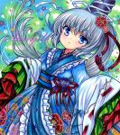  1girl blue_dress blue_eyes dress floral_background floral_print flower frilled_dress frilled_sleeves frills grey_hair hair_flower hair_ornament hat layered_dress layered_sleeves long_hair looking_at_viewer mononobe_no_futo multicolored_clothes obi pom_pom_(clothes) ponytail rui_(sugar3) sample sash tate_eboshi touhou very_long_hair 