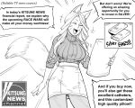  1girl absurdres animal_ears bb_(baalbuddy) breasts closed_eyes facial_mark facing_viewer fangs fox_ears fox_girl fox_news fox_tail greyscale highres large_breasts long_sleeves monochrome original pantyhose parody pencil_skirt ribbed_sweater skirt solo speech_bubble sweater tail translation_request turtleneck turtleneck_sweater 