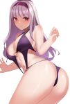  1girl absurdres ass breasts cleavage commission eyebrows_visible_through_hair from_behind hairband haneramu highres idolmaster idolmaster_(classic) looking_at_viewer looking_back medium_breasts o-ring o-ring_swimsuit purple_eyes purple_swimsuit shijou_takane shiny shiny_skin skeb_commission solo swimsuit thighs turning_head twisted_torso white_hair 