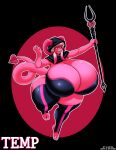  2022 2_toes 5_fingers absurd_res big_breasts breasts cornchip21 curved_horn demon feet female fingers hi_res holding_object holding_staff horn huge_breasts hyper hyper_breasts imp mr.pink not_furry pink_body pink_skin solo spade_tail staff teeth temp_the_imp thick_thighs toes yellow_sclera 