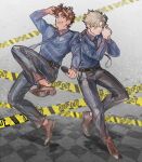  2boys battle_tendency blonde_hair brown_hair caesar_anthonio_zeppeli caution_tape facial_mark feather_hair_ornament feathers gun hair_ornament holding holding_gun holding_weapon homil22 jojo_no_kimyou_na_bouken joseph_joestar joseph_joestar_(young) jumping male_focus multiple_boys necktie no_socks one_eye_closed police police_uniform uniform weapon 