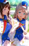  2girls :d band_uniform bangs blonde_hair blue_headwear blue_shirt blush brown_hair elbow_gloves gloves green_eyes hands_up hat hibike!_euphonium highres kuziaaizuk long_hair looking_at_another marching_band multiple_girls nakaseko_kaori open_mouth outdoors own_hands_together pleated_skirt purple_eyes shirt short_hair skirt sleeveless sleeveless_shirt smile standing uniform white_gloves white_skirt yoshikawa_yuuko 