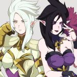  2girls armor bangs bare_arms bare_shoulders black_gloves black_hair black_lips breasts cleavage closed_mouth dress facial_tattoo gloves highres hiyari_(hiyarilol) jewelry kayle_(league_of_legends) large_breasts league_of_legends long_hair looking_at_viewer morgana_(league_of_legends) multiple_girls open_mouth parted_bangs pointy_ears purple_nails ring shiny shiny_hair shoulder_armor siblings sisters smile tattoo upper_body white_hair yellow_eyes 