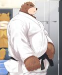  2022 anthro belly bodily_fluids brown_body butt canid canine detailed_background duo hi_res humanoid_hands inside keikogi kemono kuroamekemo locker_room male mammal martial_arts_uniform overweight overweight_male sportswear sweat ursid 