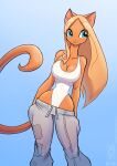  :3 anthro breasts cleavage clothed clothing conditional_dnp felid feline female jollyjack looking_aside mammal one-piece_swimsuit solo sweatpants swimwear 