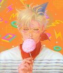  1boy battle_tendency bespectacled blonde_hair caesar_anthonio_zeppeli candy facial_mark food glasses green_eyes hat homil22 jojo_no_kimyou_na_bouken licking lollipop male_focus neckerchief party_hat realistic red_neckerchief round_eyewear solo yellow-framed_eyewear 