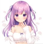  1girl :o bare_shoulders blue_bow blue_ribbon blush bow breasts collarbone commentary_request hair_ribbon jacket long_hair long_sleeves looking_at_viewer loungewear miyasaka_naco off_shoulder open_clothes open_jacket original parted_lips purple_eyes purple_hair ribbon simple_background sleeves_past_wrists small_breasts solo two_side_up upper_body white_background white_jacket 
