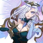  1girl asymmetrical_bangs bangs bare_shoulders breasts cleavage closed_mouth dawnbringer_morgana detached_collar dress elbow_gloves gloves green_dress grey_background halo hand_up highres hiyari_(hiyarilol) large_breasts league_of_legends long_hair looking_at_viewer low_ponytail morgana_(league_of_legends) one_eye_closed pink_background pointy_ears solo upper_body white_hair 