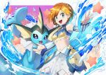  1girl :d bangs bare_shoulders beads blue_eyes border braid commentary_request detached_sleeves earrings eyelashes holding_hands jewelry looking_at_viewer midriff misty_(pokemon) navel official_alternate_costume open_mouth orange_hair pokemon pokemon_(creature) pokemon_(game) pokemon_masters_ex shiny shiny_hair short_hair skirt smile tongue vaporeon water white_border yamanashi_taiki 